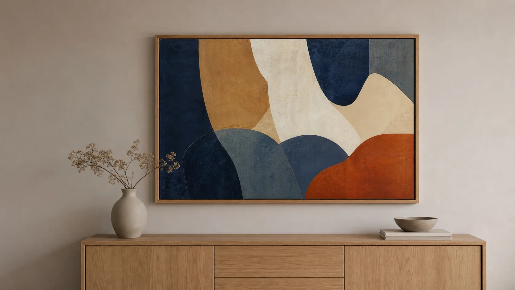 Stor abstrakt tavla i blått, ockra, varmvitt och rostrött ovanför ett ljust sideboard