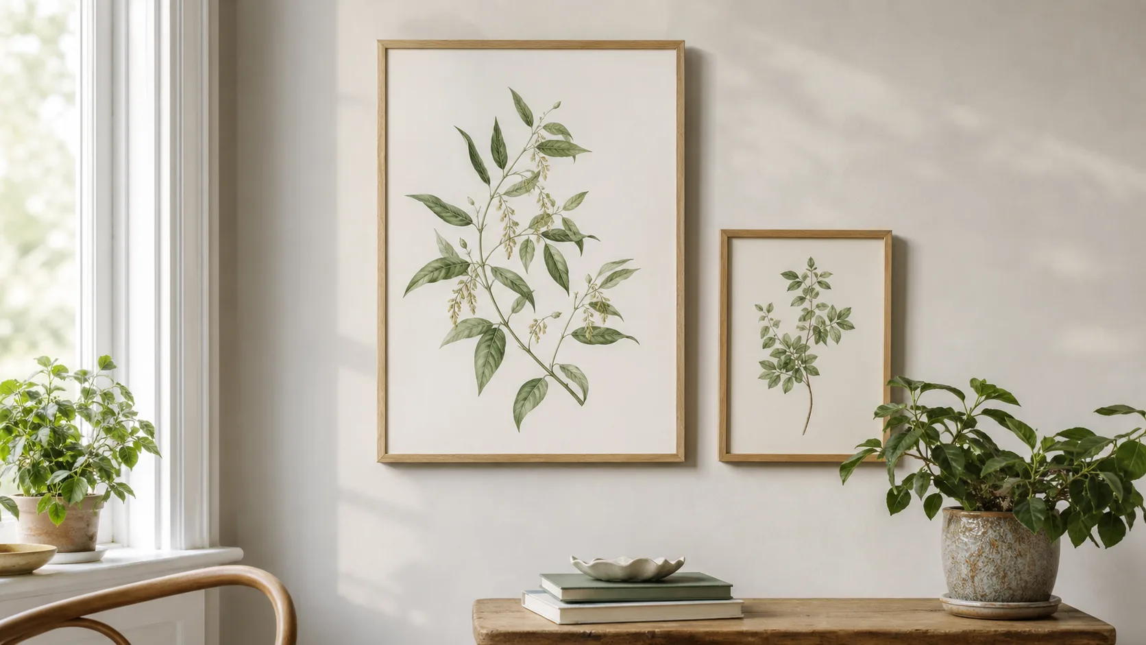 Två botaniska illustrationer i ljusa träramar bredvid gröna krukväxter