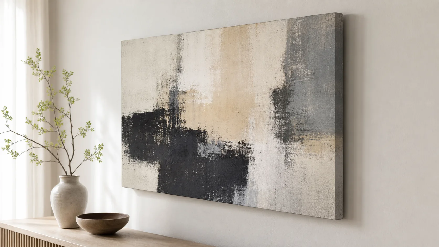 Abstrakt canvasduk med synlig invikt kant på en ljus vägg ovanför ett sideboard