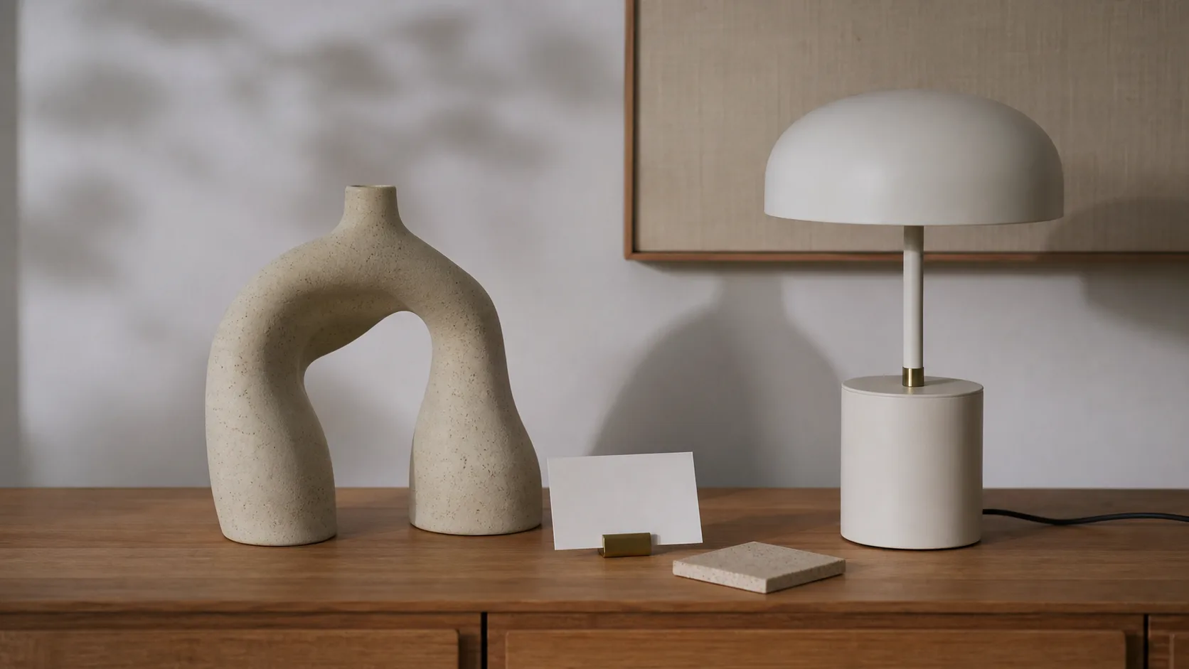 Icke namngivet keramiskt designobjekt, enkel bordslampa och blankt dokumentationskort på ett träsideboard