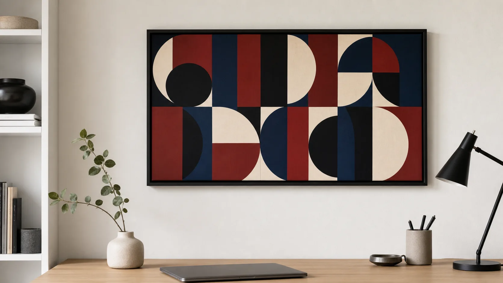 Grafisk tavla med blå, röda, svarta och krämvita geometriska färgblock i smal svart ram ovanför ett skrivbord