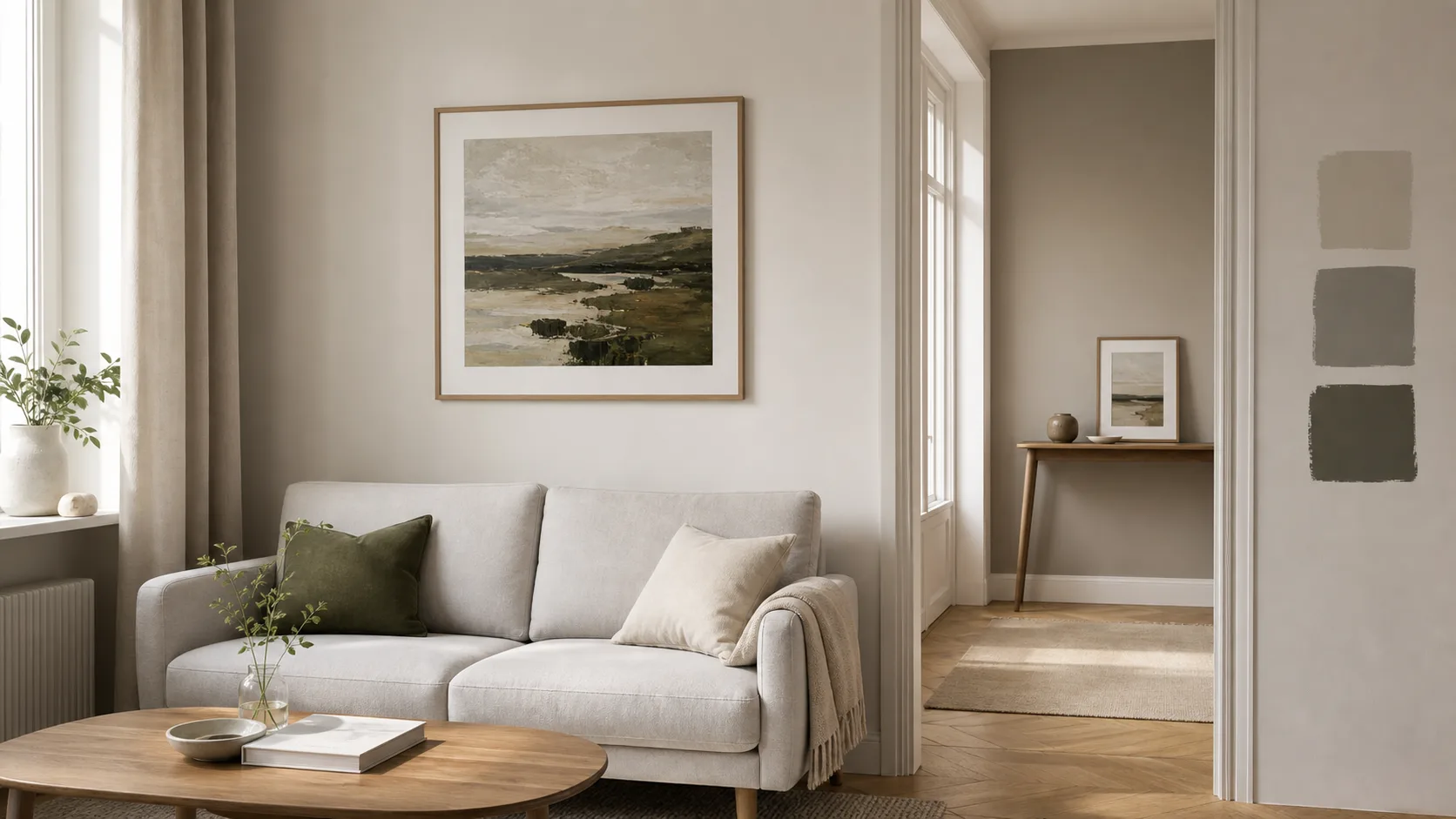Ljust vardagsrum med tavla över soffan och mindre inramad bild på ett konsolbord i intilliggande hall