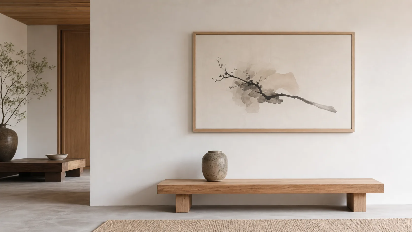 Ljus japandi-inspirerad interiör med ink- och akvarellmotiv av en gren i ljus träram