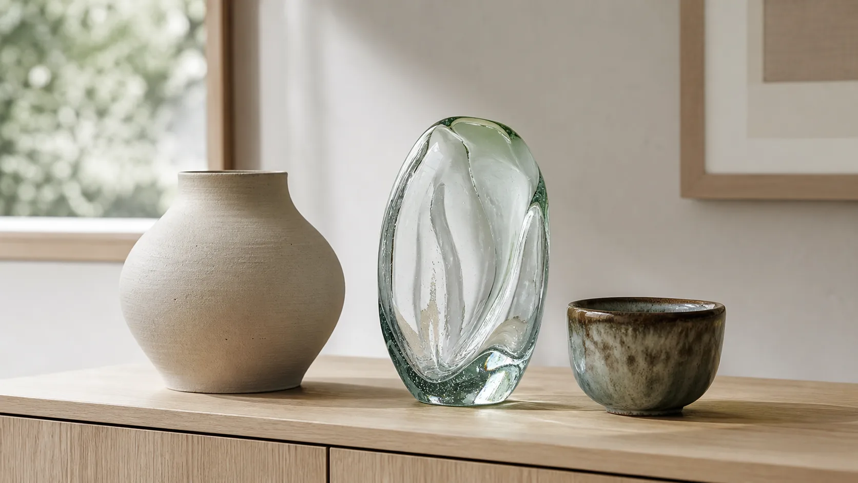 Matt keramikvas, genomskinligt gröntonat konstglas och glaserad skål på ett ljust träsideboard