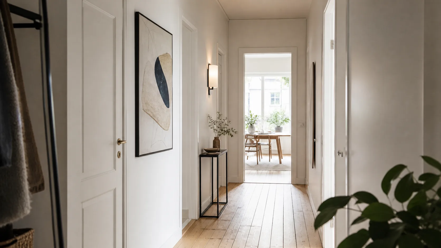 Smal ljus hall med en vertikalt inramad tavla och ett smalt konsolbord