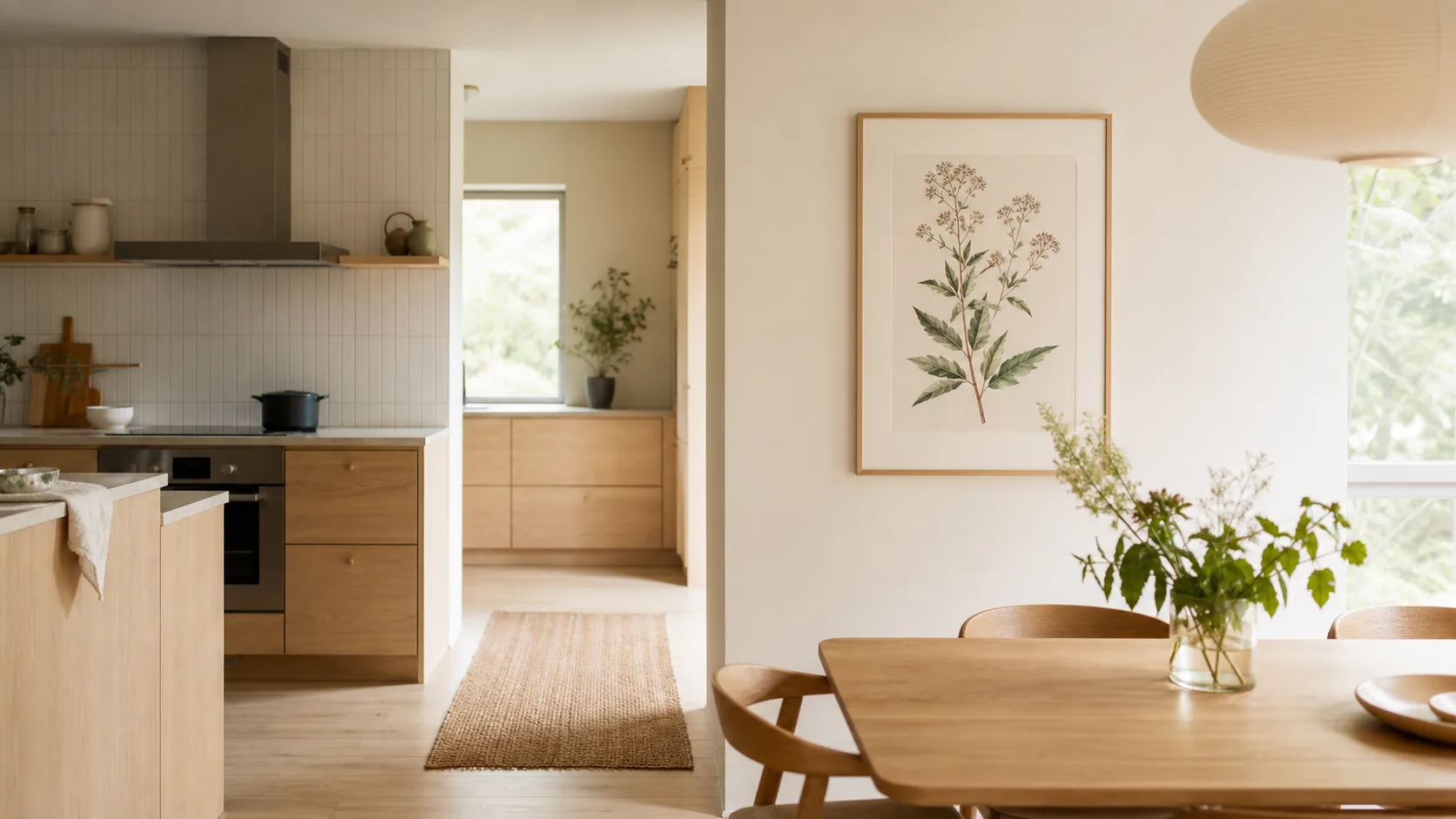 Botanisk tavla på en torr vägg vid matplatsen, tydligt avskild från spis och diskho