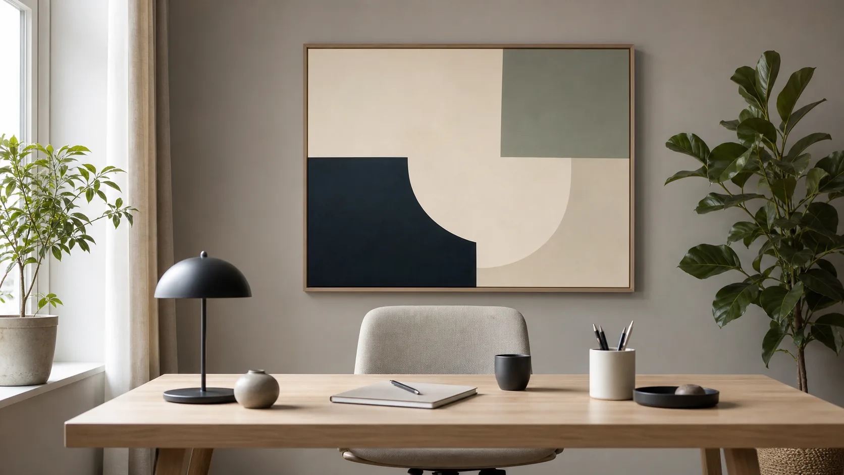 Ljust hemmakontor med en lugn geometrisk tavla bakom ett skrivbord