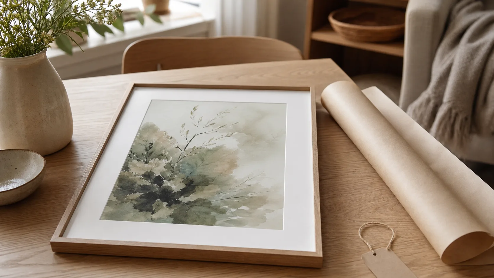 Inramat botaniskt konsttryck med neutralt presentpapper och tom presentetikett på ett träbord