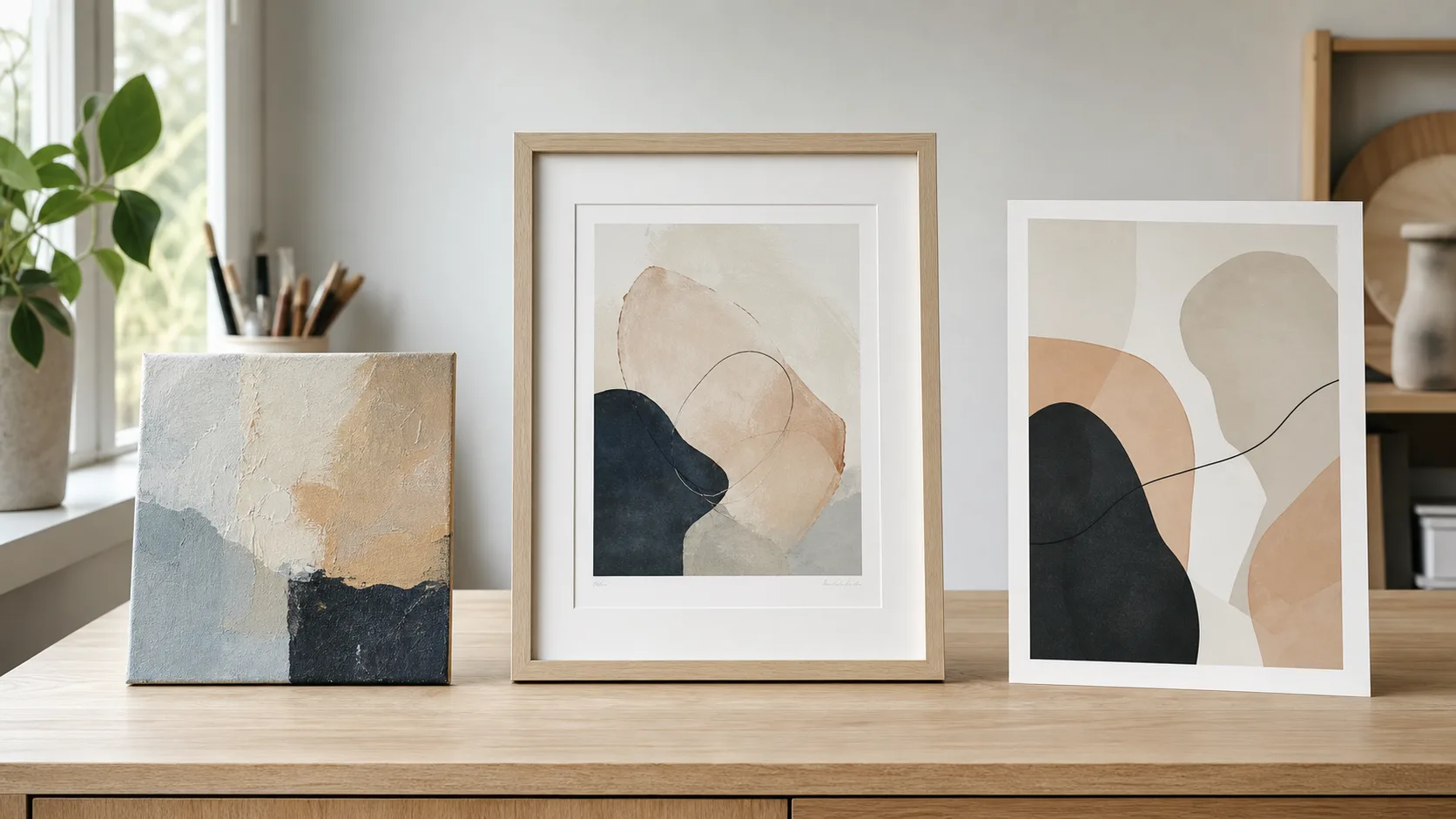 Texturerad originalmålning, inramat konsttryck och enkel poster uppställda sida vid sida