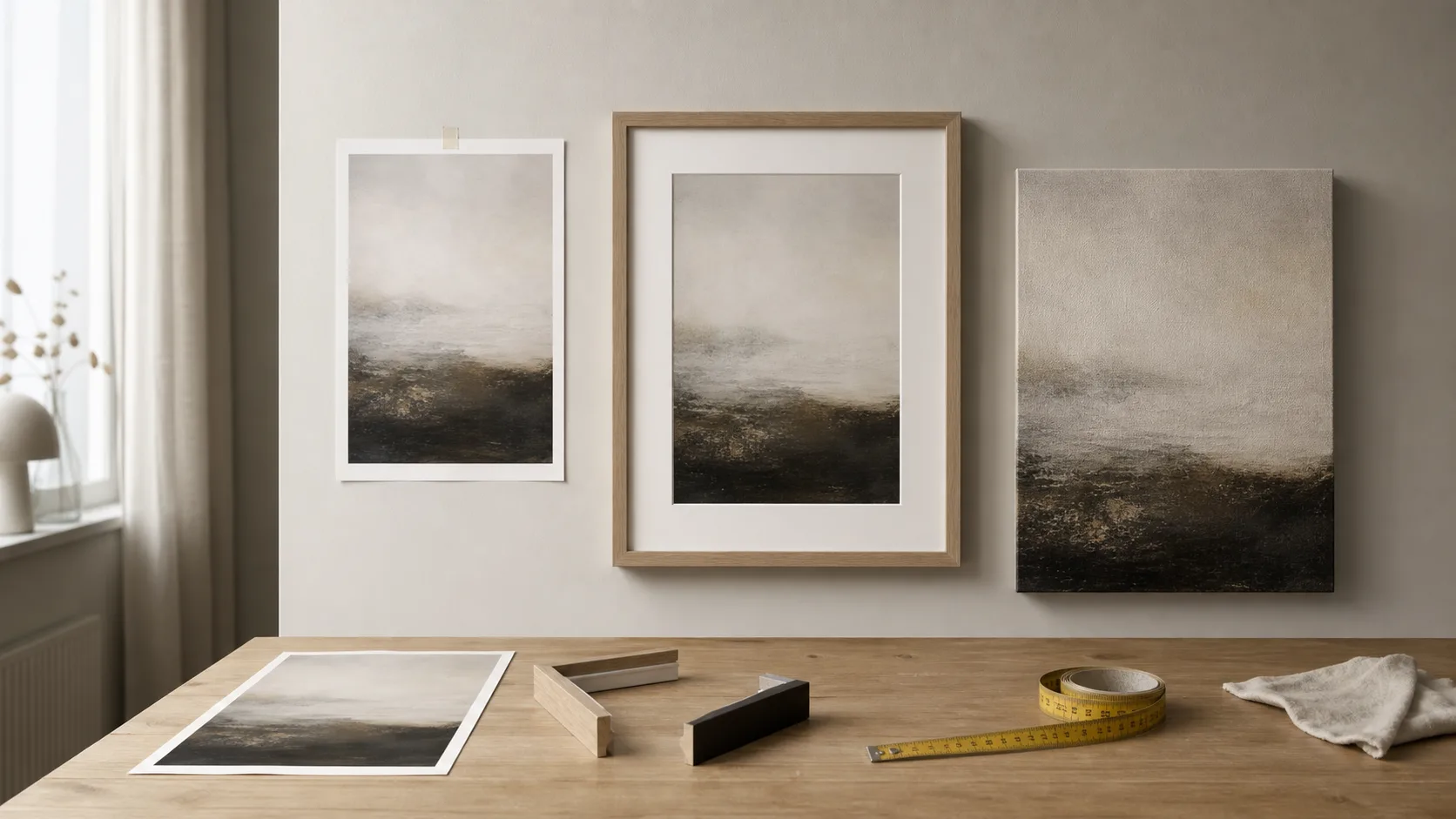 Oinramat tryck, inramat konsttryck och liten canvas tillsammans med ramprover och måttband