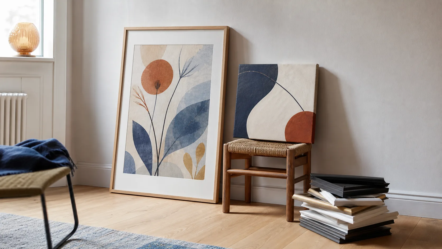 Inramat konsttryck och mindre canvas i olika format mot en ljus vägg