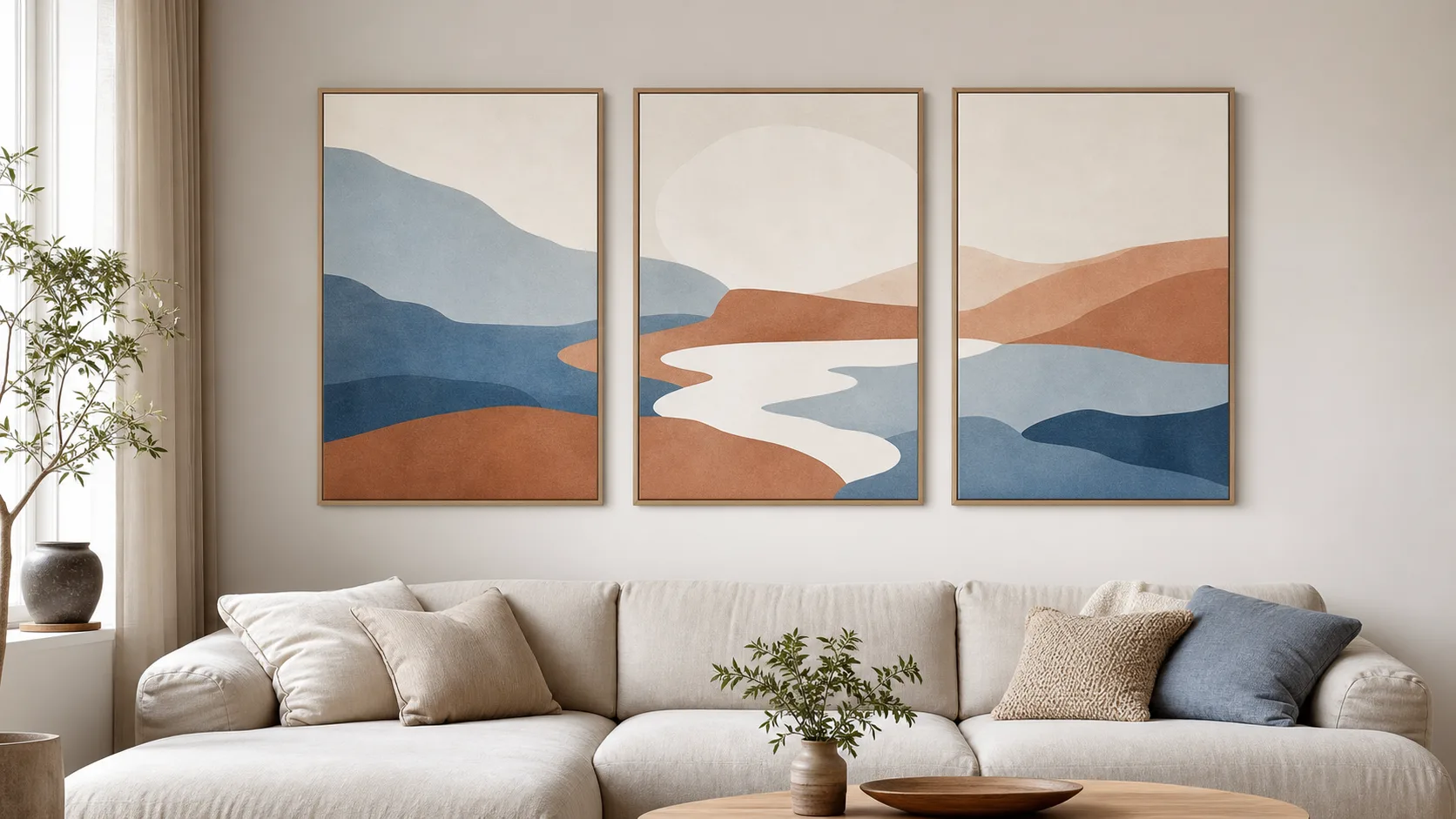 Triptyk med tre lika stora inramade abstrakta motiv i blått, terrakotta och varmvitt ovanför en soffa